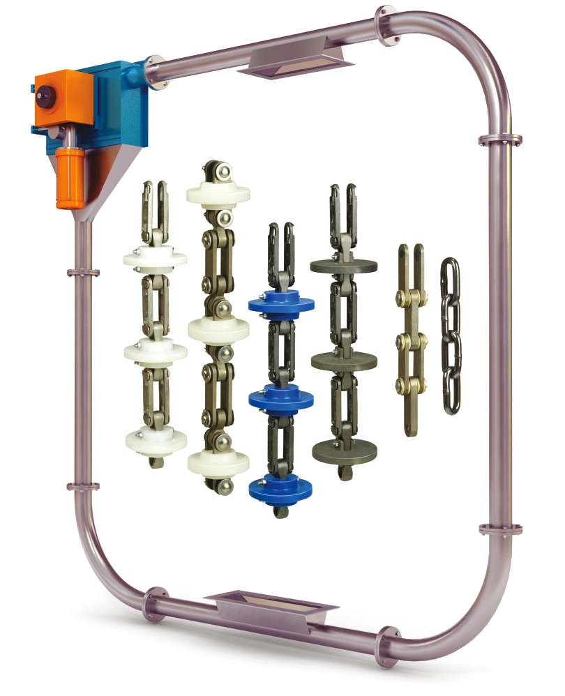 Different types of chain and disc flight assemblies for tubular drag chain conveyors — white nylon, blue and grey UHMWPE options