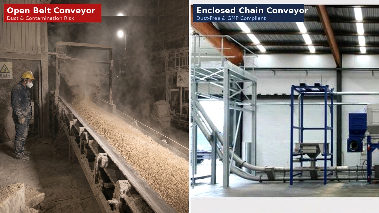 Side-by-side comparison: dusty open belt conveyor environment vs clean enclosed tubular chain conveyor facility