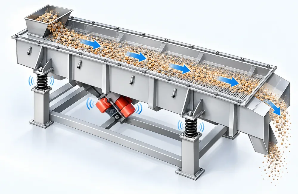Linear vibrating screen straight-line material flow across the screen deck