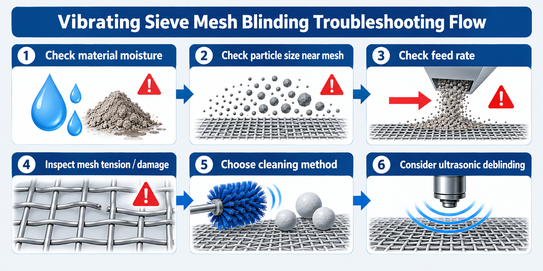 Troubleshooting flowchart for preventing mesh blinding in vibrating sieves