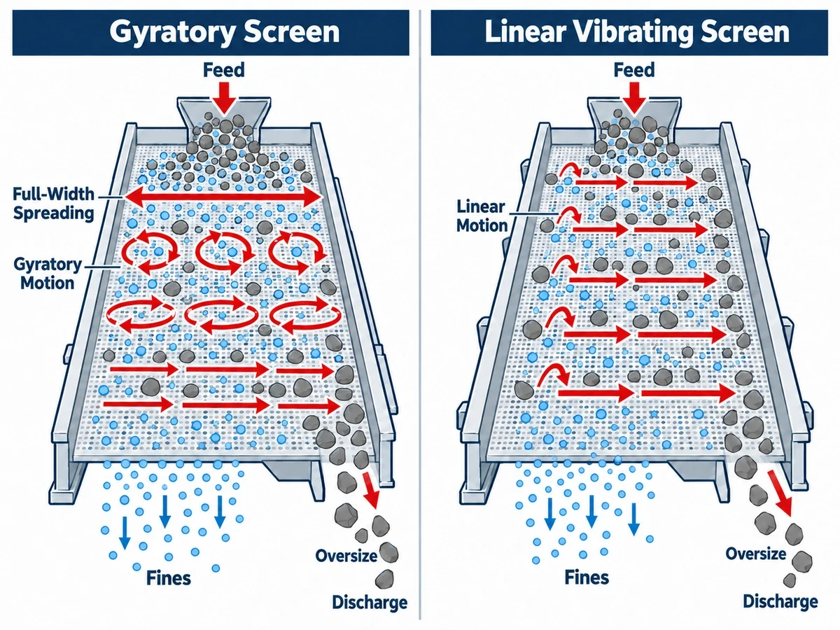 Gyratory screening motion compared with linear vibrating screen motion
