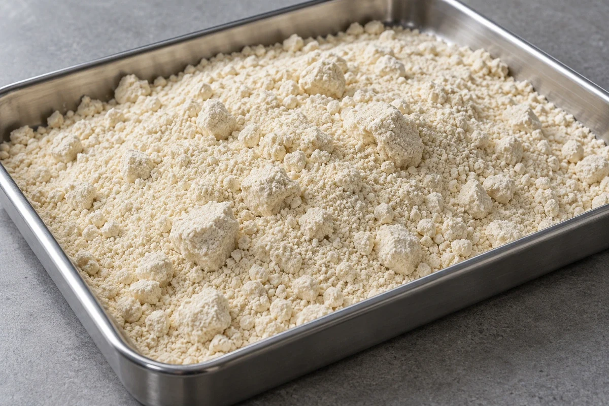 Illustration of visible powder agglomerates in a stainless steel tray