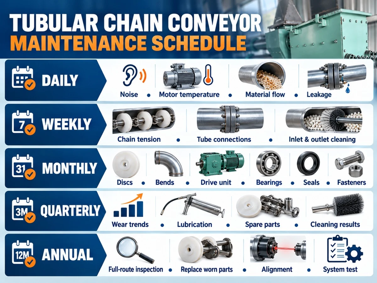 Tubular chain conveyor maintenance schedule infographic