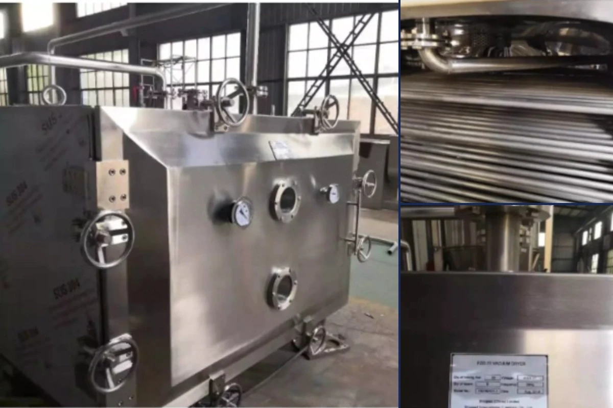 Exterior, visible internal assembly and nameplate of a vacuum dryer in separate photo details