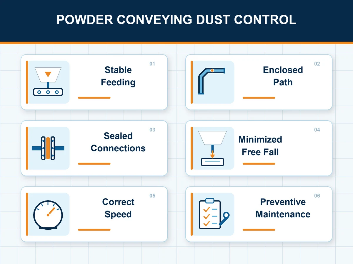 Powder conveying dust control strategy infographic