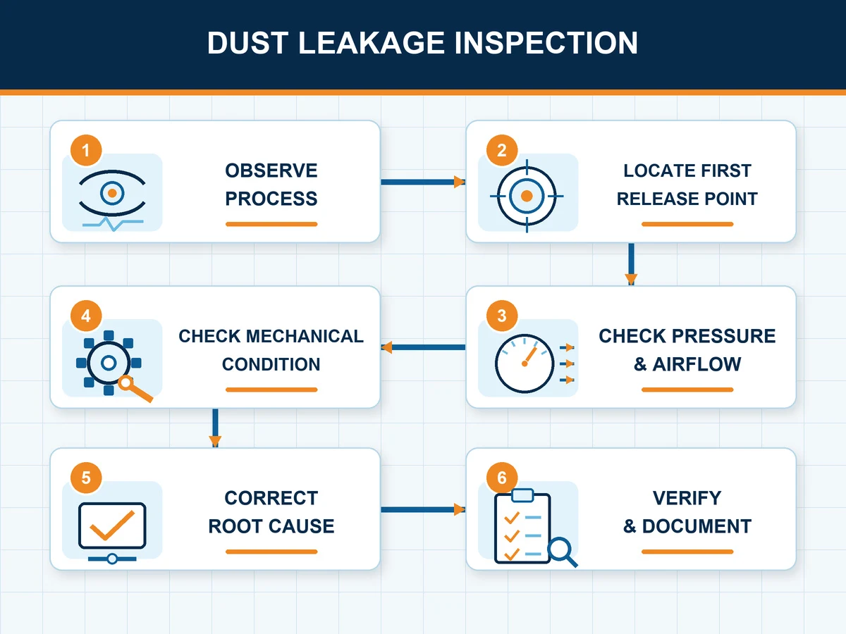 Powder conveyor dust leakage inspection workflow