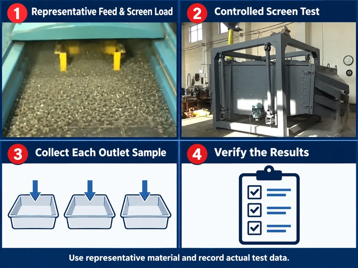 UNITFINE material screening test workflow with real feed and equipment images plus outlet sampling and result verification steps