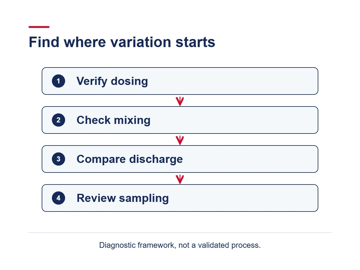 Diagnostic framework separating dosing, mixing, discharge and sampling checks